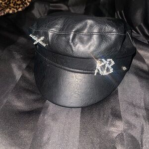 Black Leather Cap with Rhinestone Accents